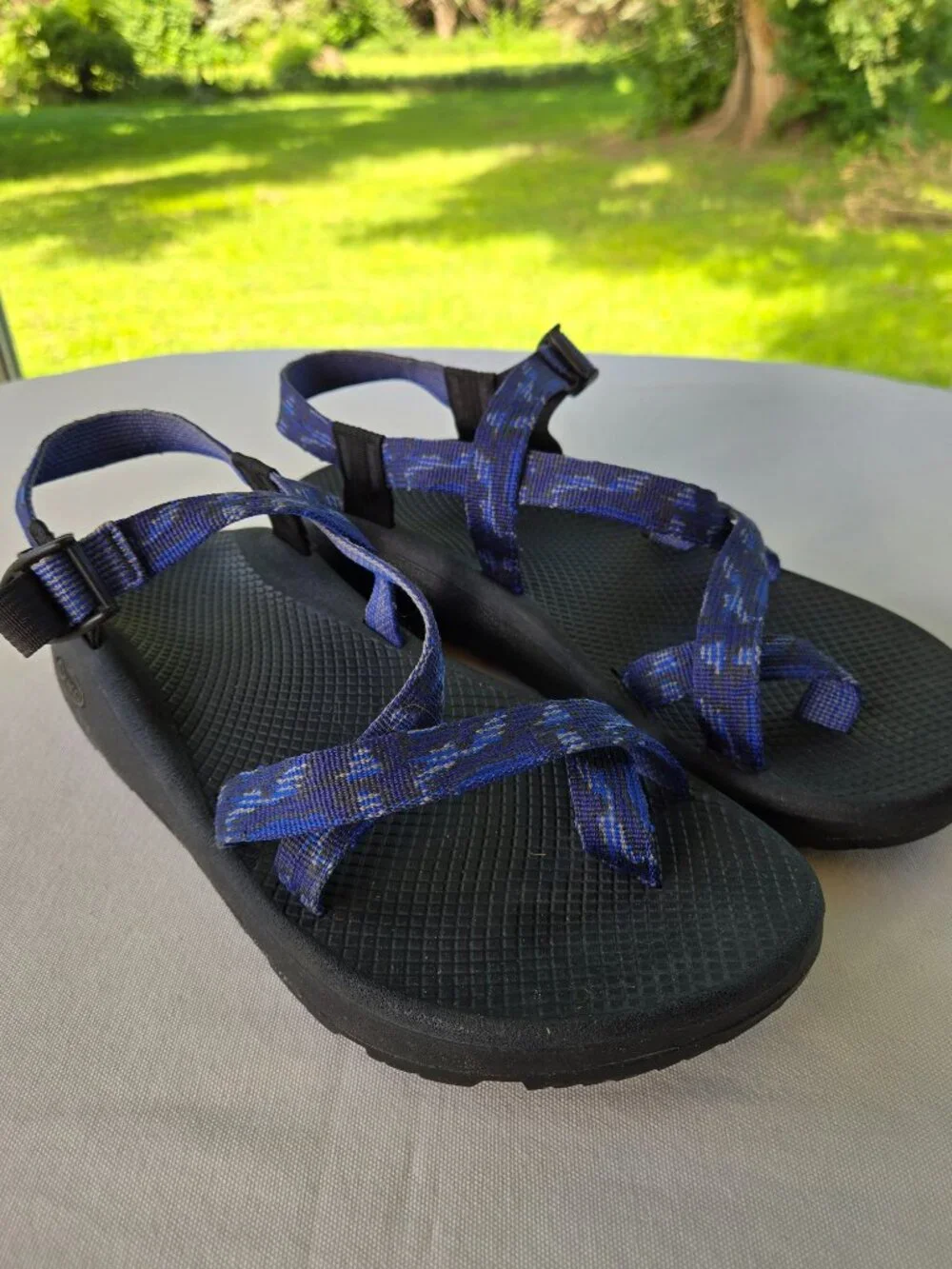 Chaco Men’s Size 12 Sandal Light Blue& Navy Single Strap with Toe Loop